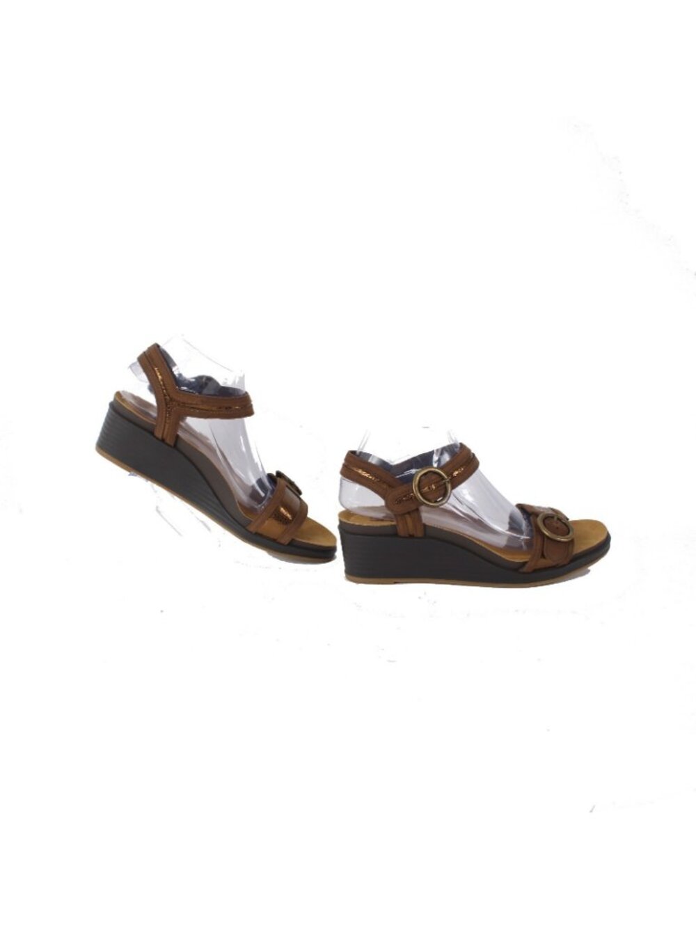 SAS Wedge Sandals Sz 9.5 W Brown Bronze Buckle Open Toe Leather 2" Wedge Sandal - Picture 5 of 10